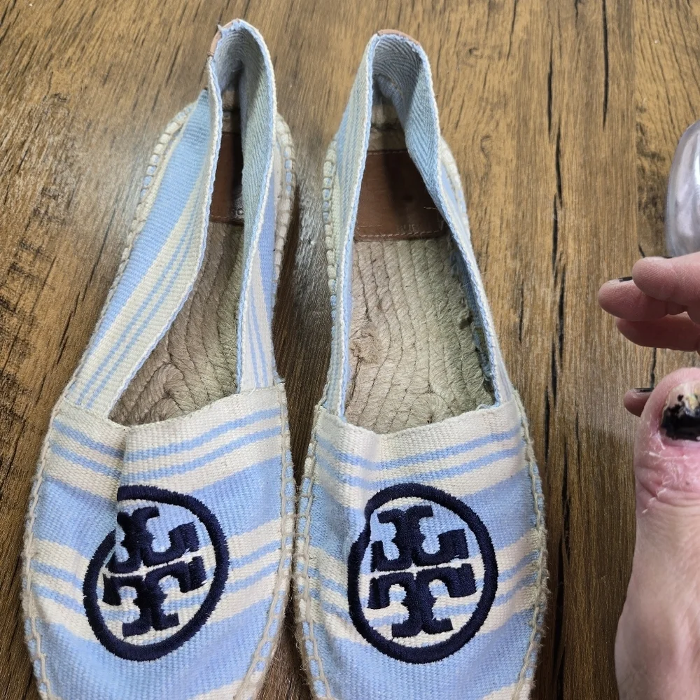 Tory Burch Striped Cream Blue Double T Espadrille Flats